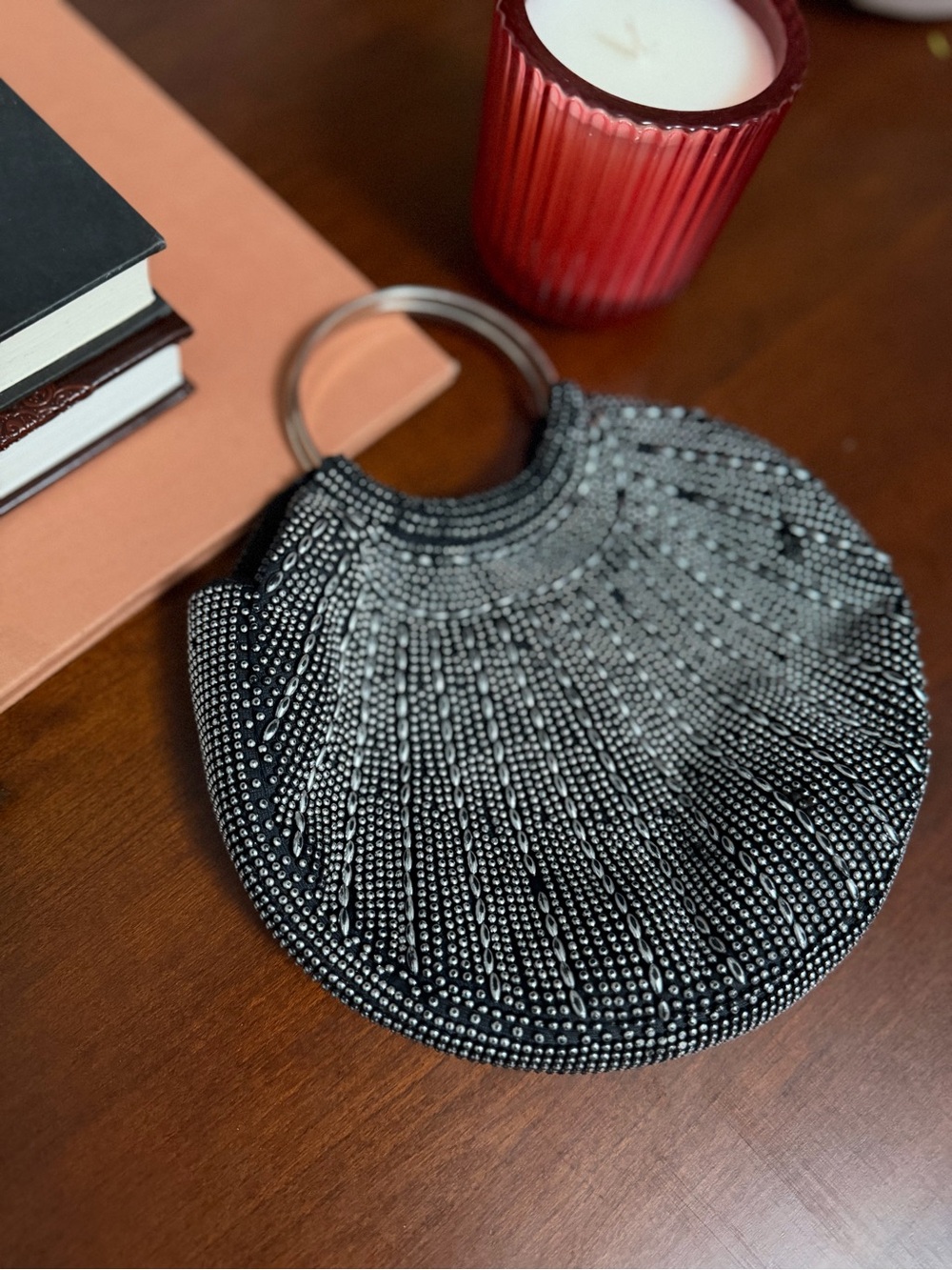 Beaded Black Evening Wristlet Bag with Metallic Handle